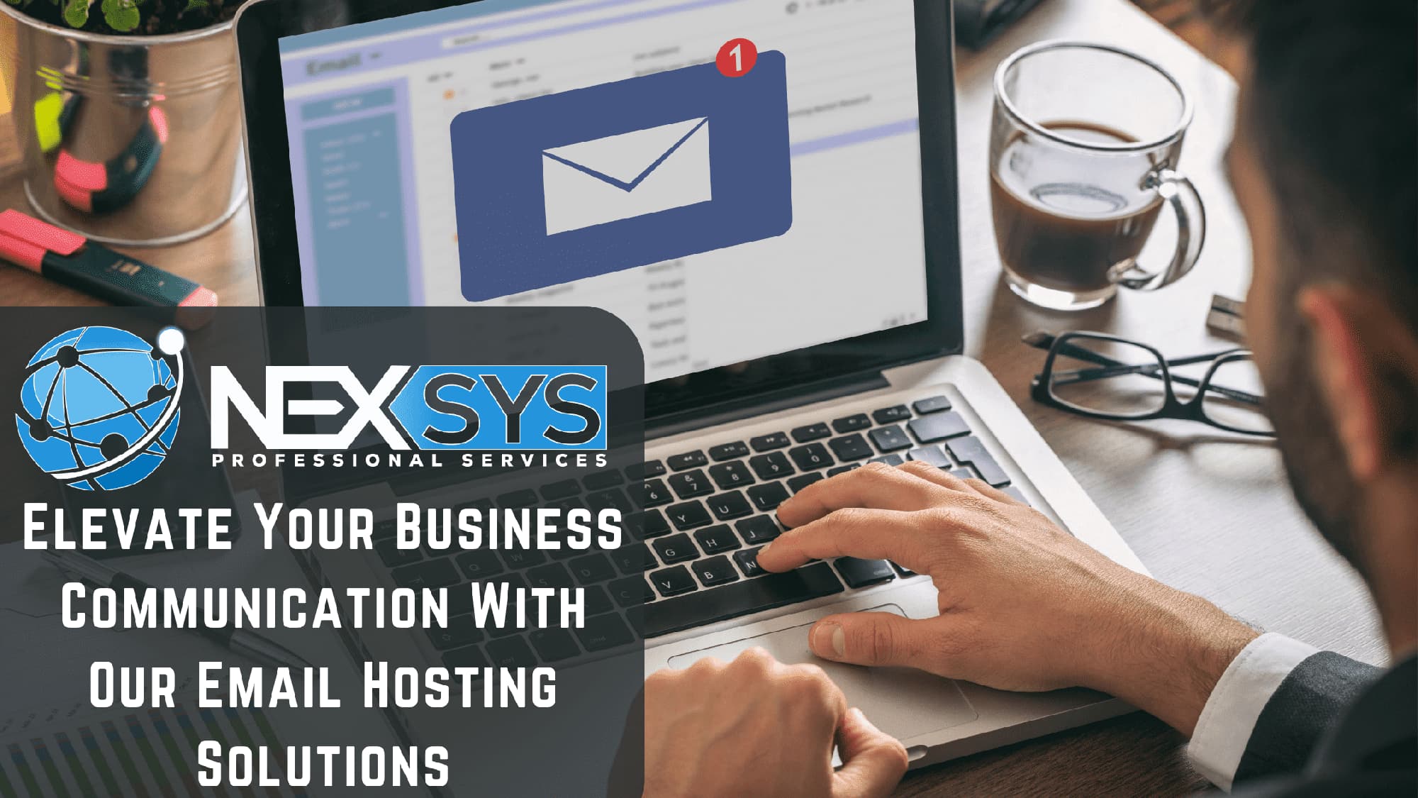 Illustration of a laptop and email server, representing secure email hosting solutions by NEXSYS Professional Services.