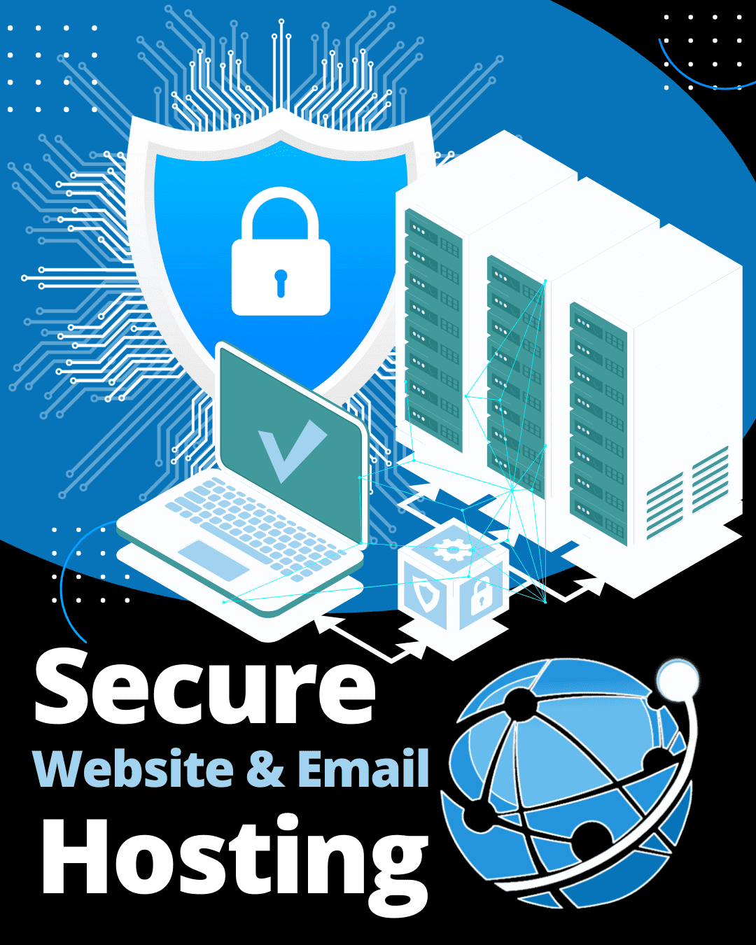 Illustration of a laptop connected to a server, representing secure website and email hosting by NEXSYS Professional Services. A shield and lock in the background signify enhanced security measures.