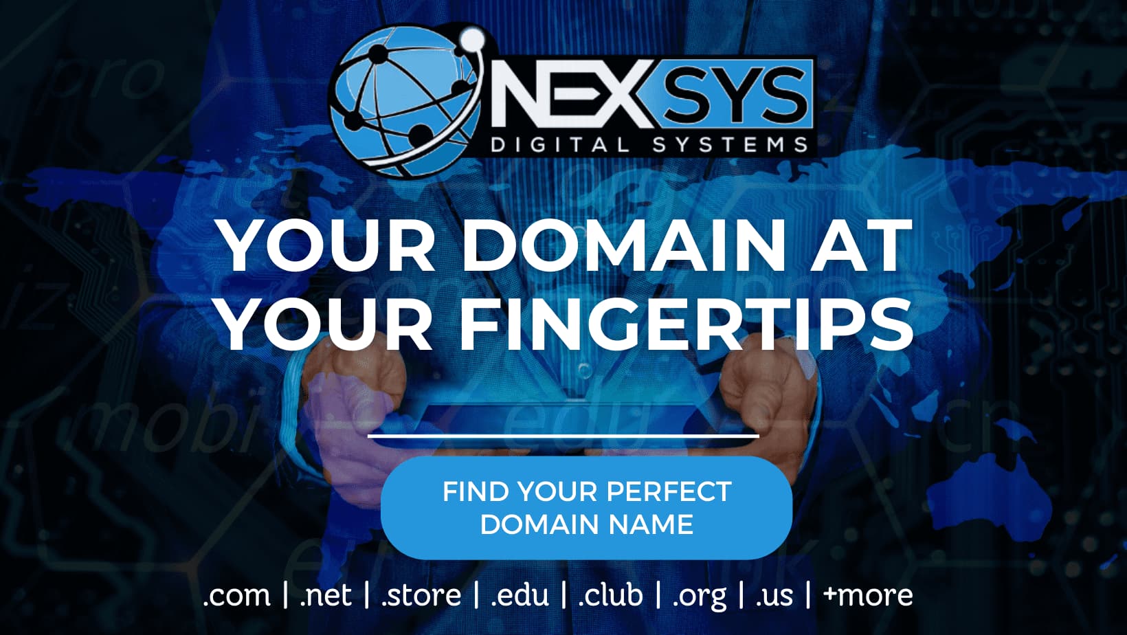 Hands holding a tablet screen with world map and NEXSYS Digital Systems logo on a black background.