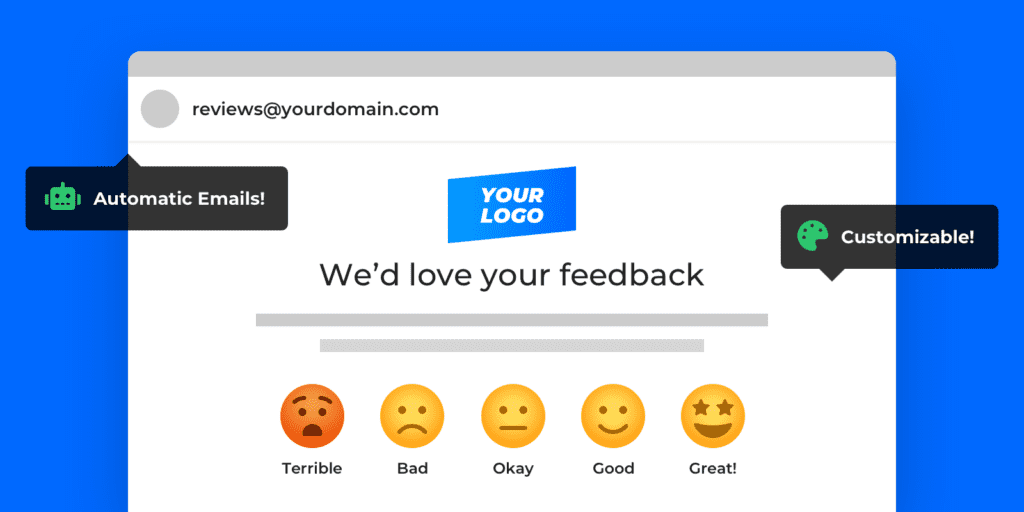 Feedback request template, shows logo space at top with rating system of faces from angry being the least satisfied and happy being the most satisfied.