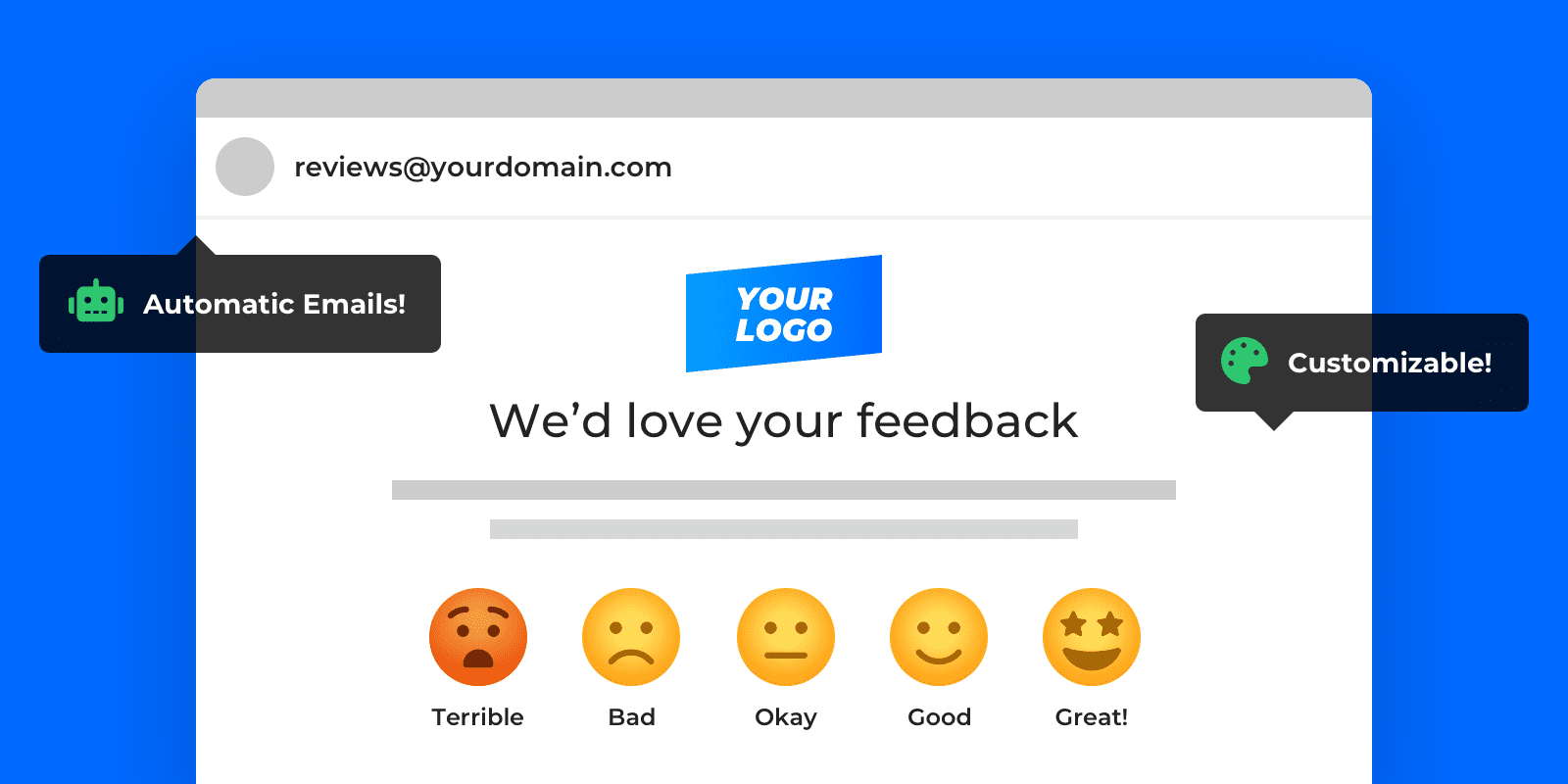 Feedback request template, shows logo space at top with rating system of faces from angry being the least satisfied and happy being the most satisfied.
