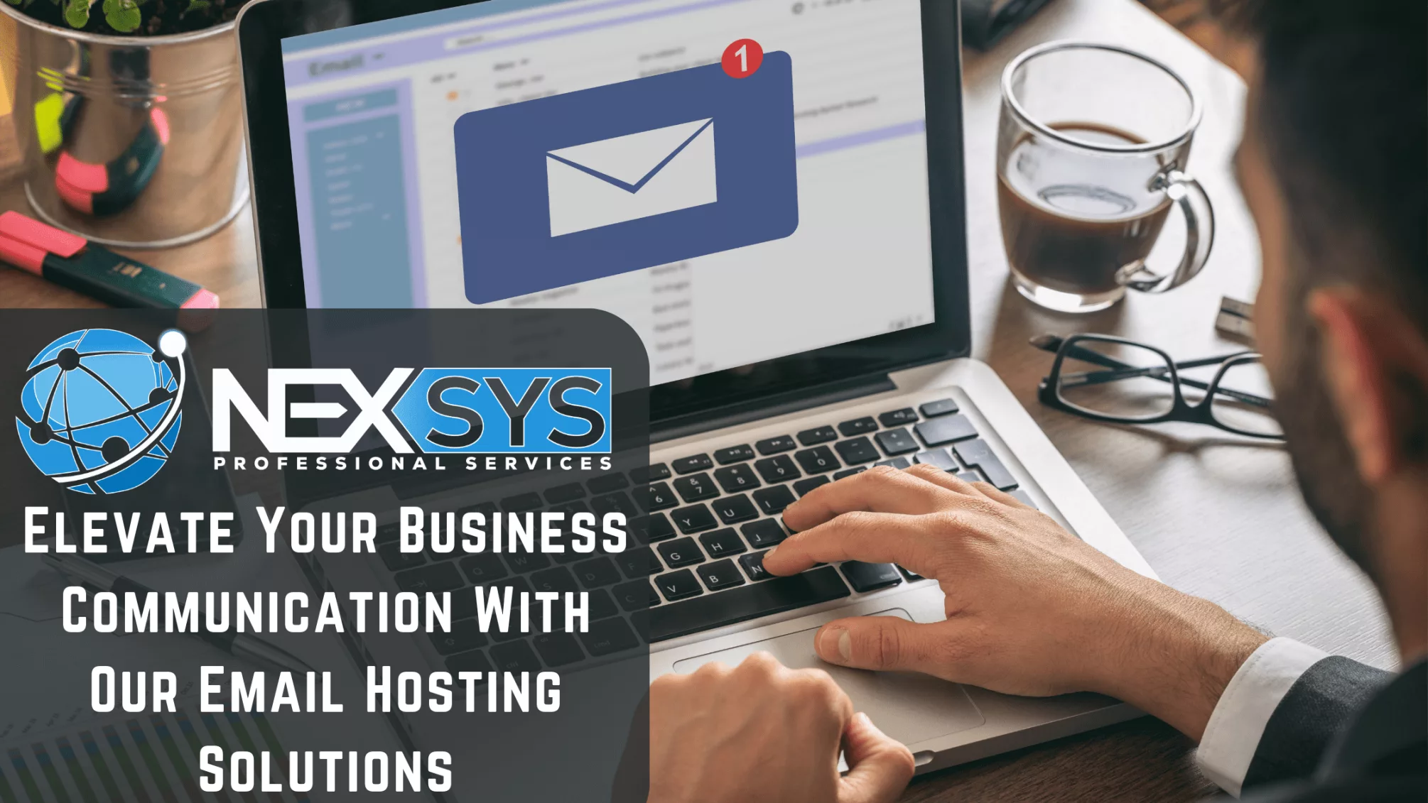 Illustration of a laptop and email server, representing secure email hosting solutions by NEXSYS Professional Services.