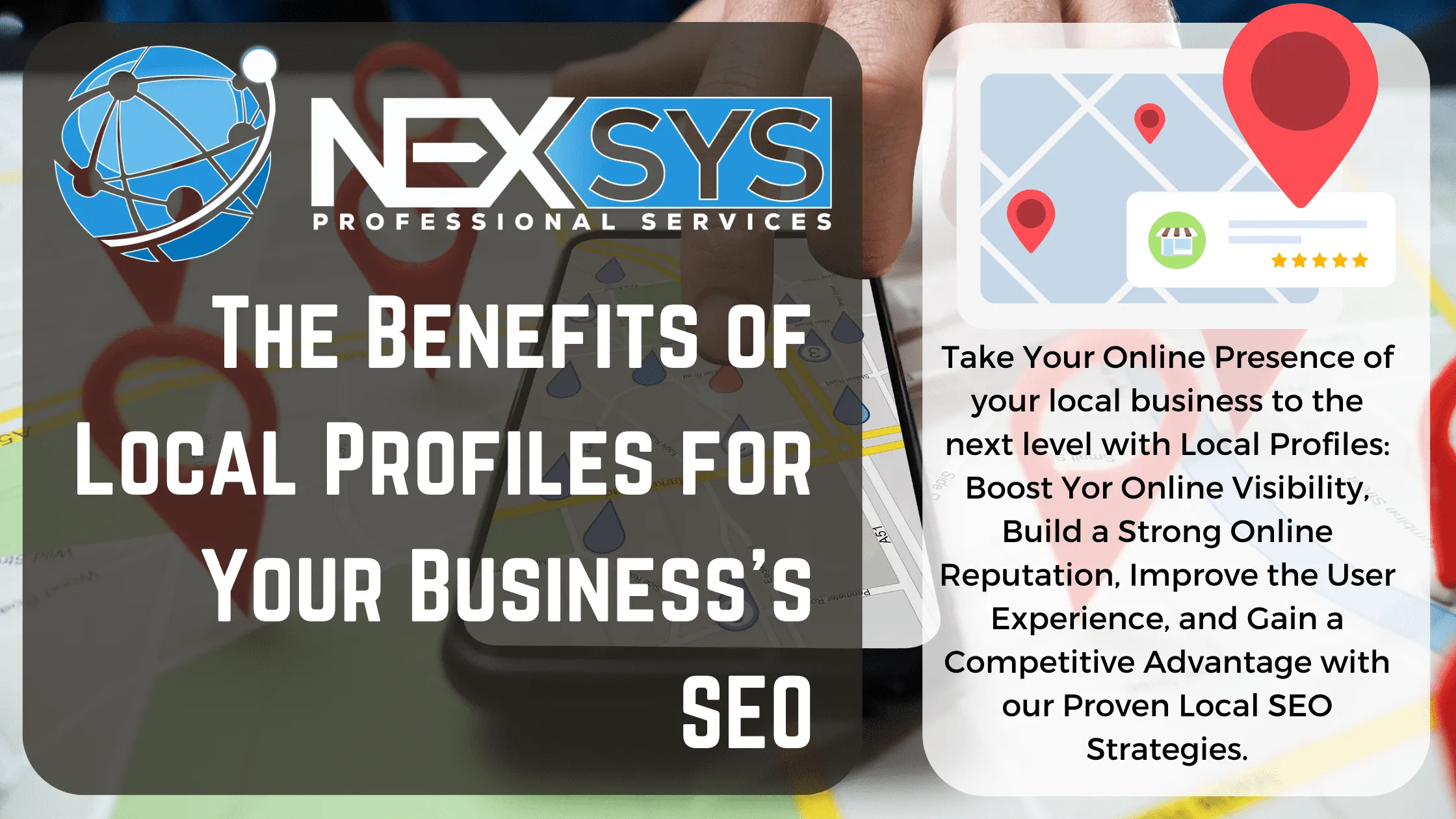 Local profiles improve your business's SEO: A computer screen showing local search results for a business with a map, phone number, and website link.