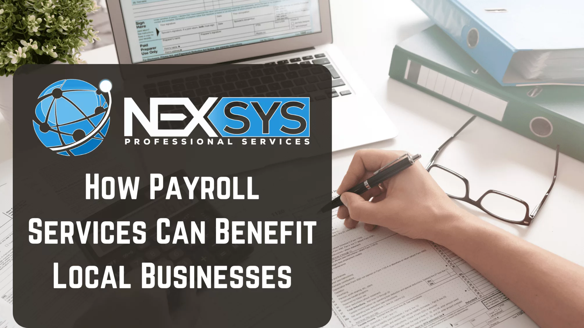 Illustration of a calculator, tax/payroll documents, and a pen symbolizing payroll management for local businesses.