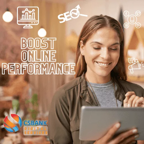 Elevate Online Performance: Woman with Tablet, Graphs, SEO, and Social Networks