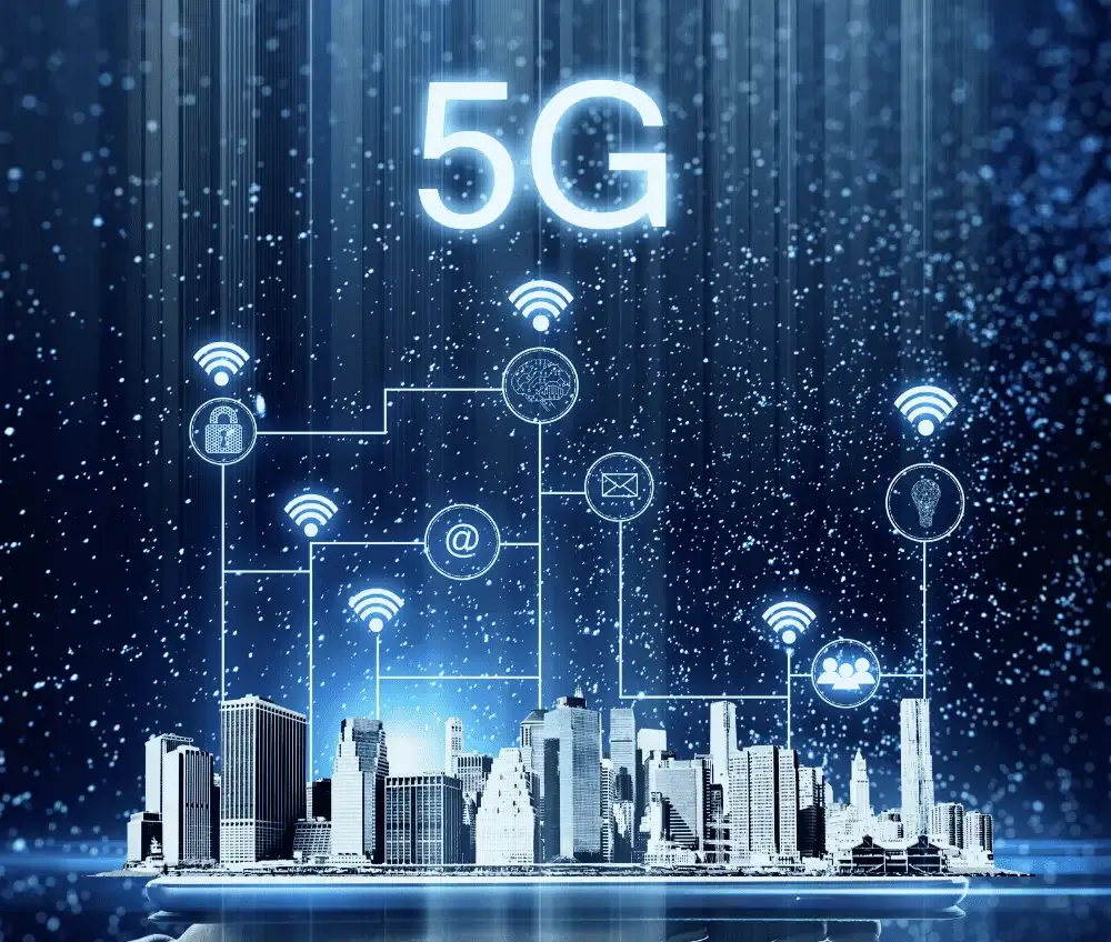 NEXSYS 5G for Business - Cityscape Connected by Virtual Network with Internet Icons (Wi-Fi, Lock, Mail, @, Users)