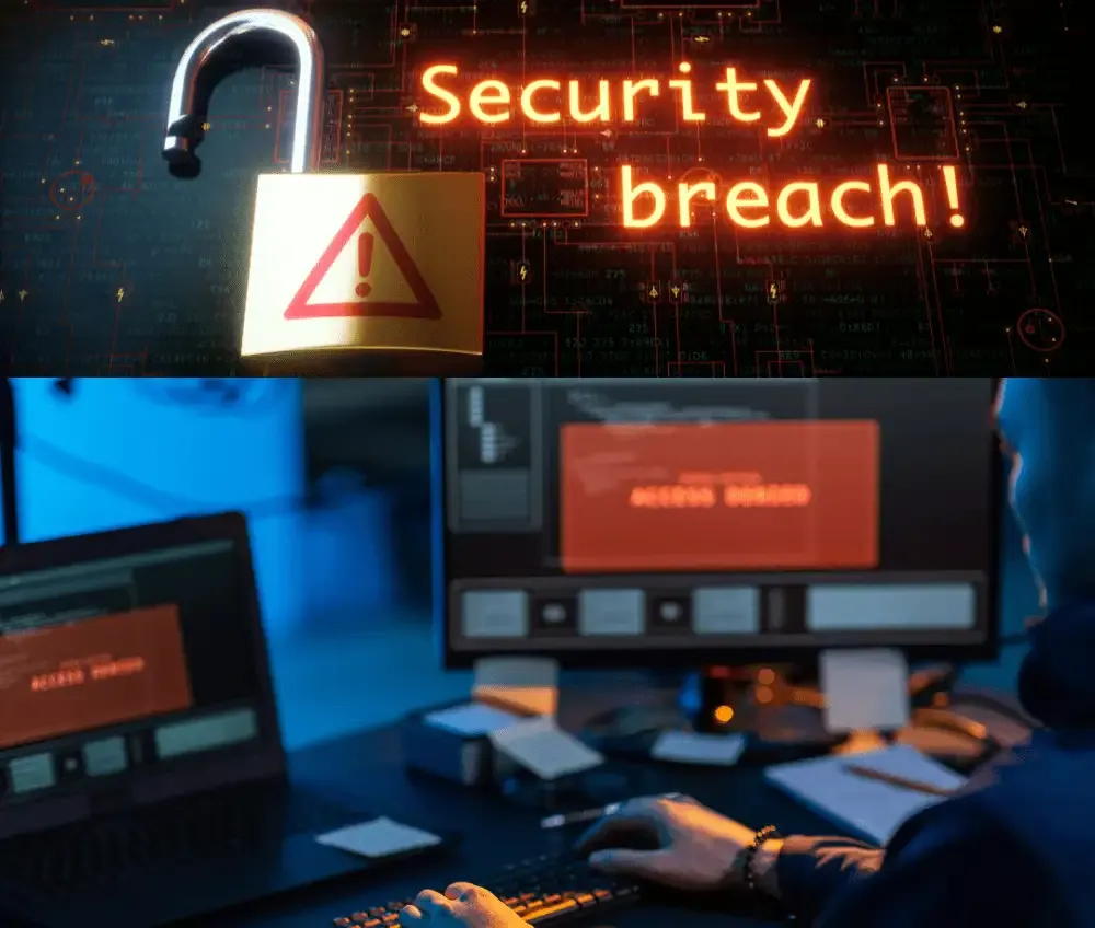 NEXSYS Security, Breaches, and Guarding Against Threats - Unlocked Lock with 'Security Breach' Text and Hacker with 'Access Denied' Message Boxes