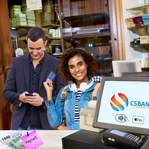 Vibrant Tobacco Store Scene with Loyalty Card, Mobile Search, Payroll Details, and CSBANK POS