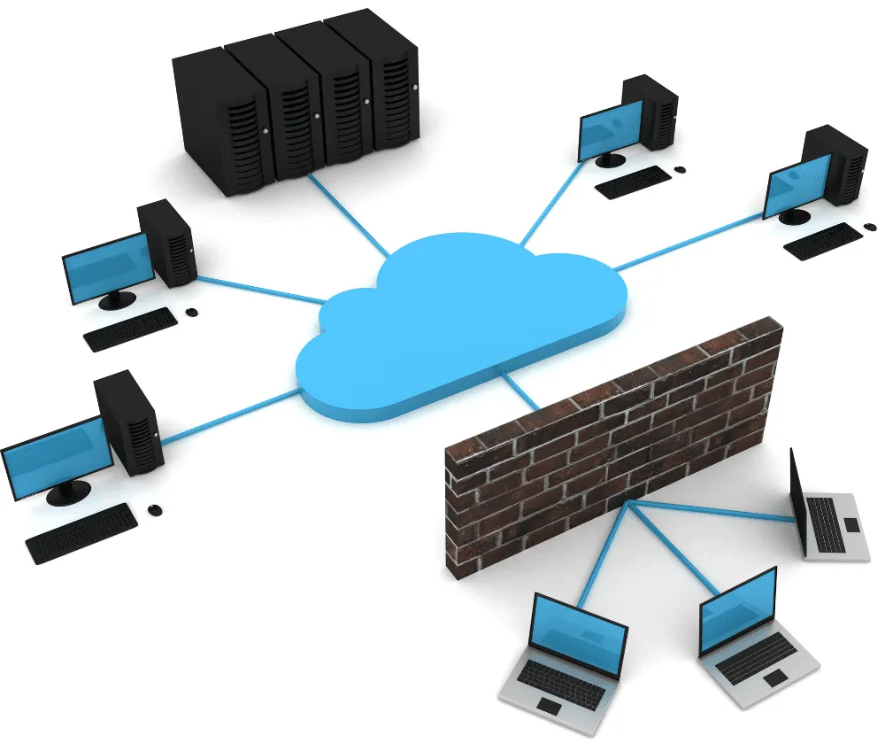 NEXSYS Cloud-Based Network Control - Laptops Connected to Brick Wall, Cloud with Computers and Servers