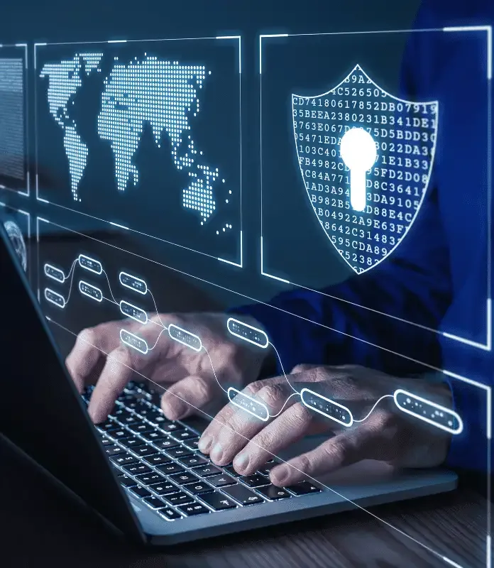 NEXSYS Cybersecurity - Hands Typing on Keyboard with Cybersecurity Lock, Binary Code, and Digital World Map