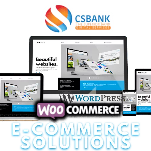 E-commerce Solutions with Website Builder, WordPress, WooCommerce, and CSBANK | Digital Services logos displayed on computer, tablet, phone, and laptop screens.