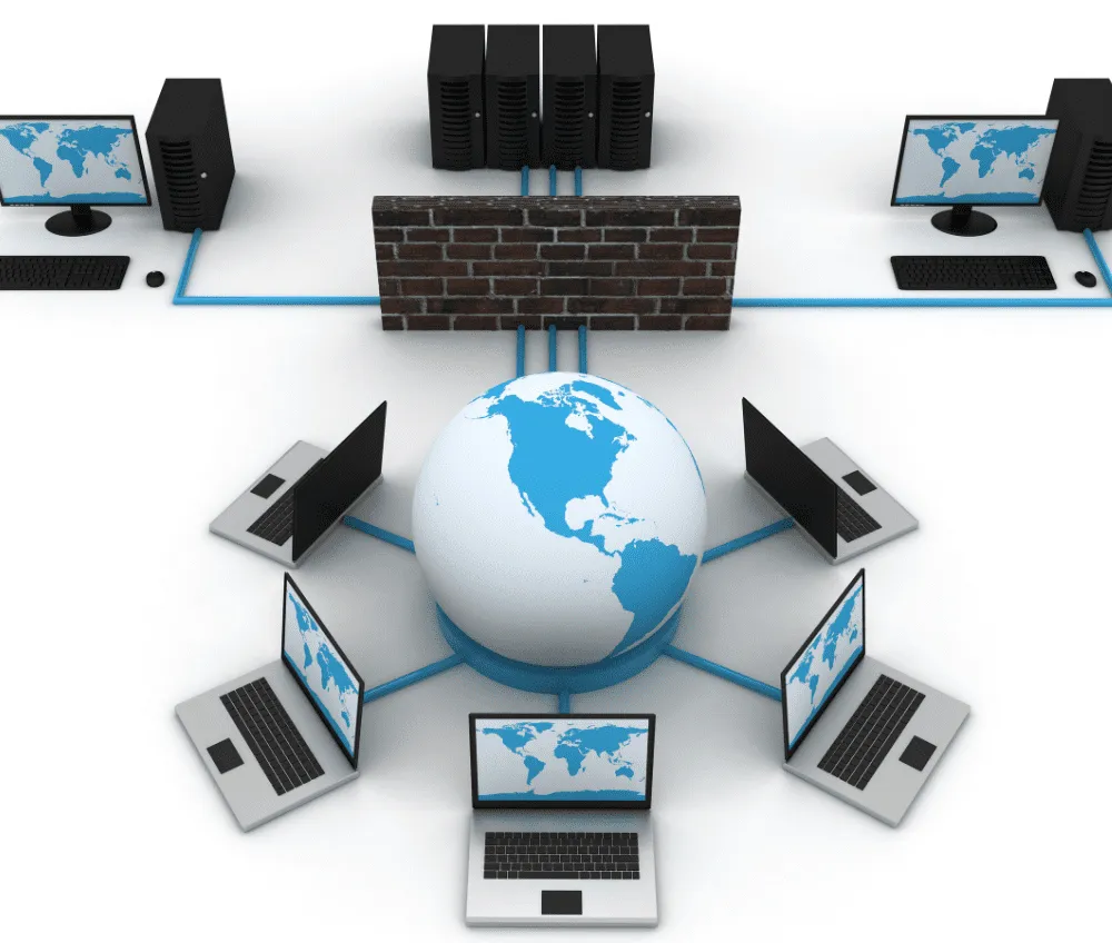 NEXSYS Managed Network Firewall Protection - Network of Computers Surrounding Globe Connected to Brickwall with Servers and Computers on the Other Side