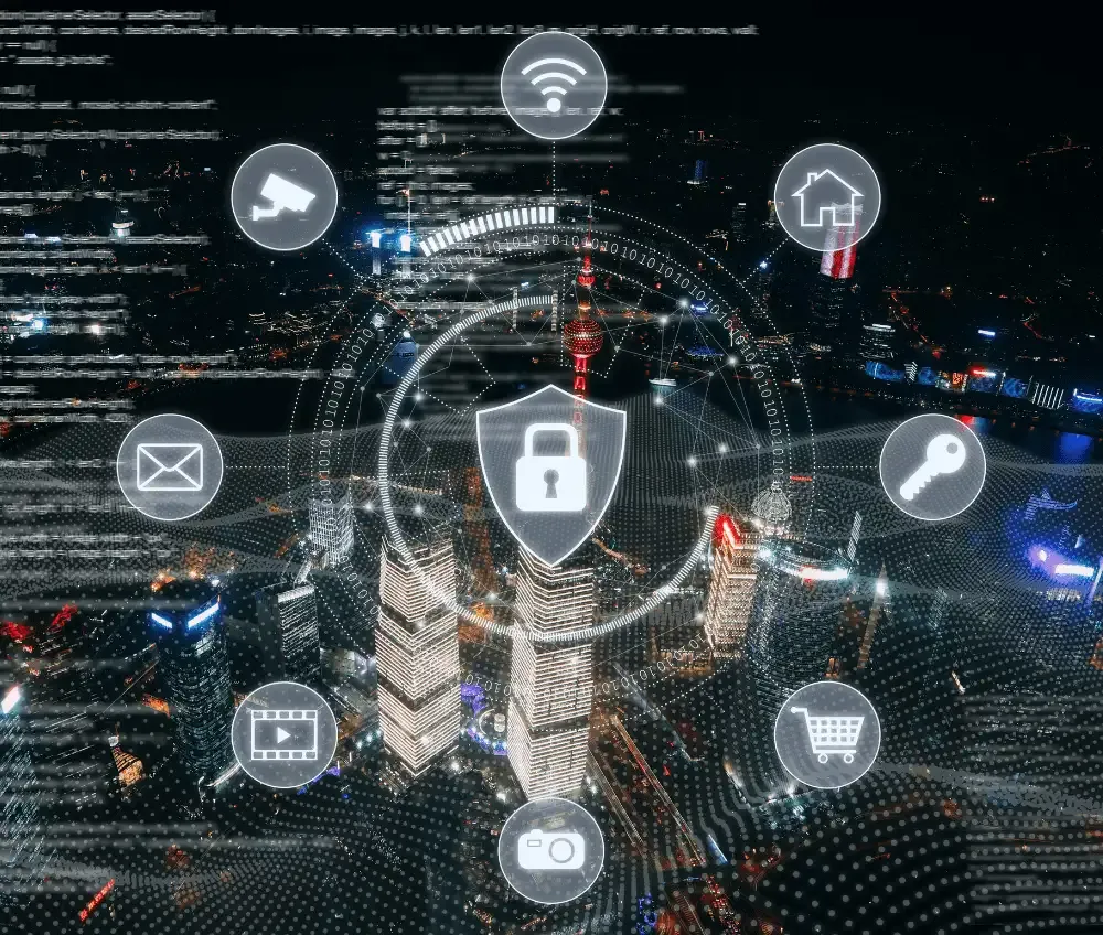 NEXSYS Network Security - Shield with Central Lock Surrounded by Icons for Secured Connections