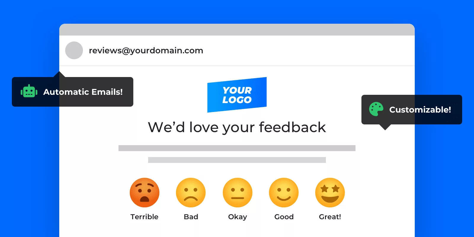 Feedback request template, shows logo space at top with rating system of faces from angry being the least satisfied and happy being the most satisfied.