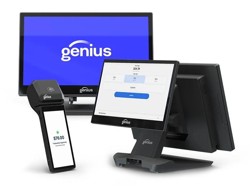 Genius restaurant POS suite with countertop displays and handheld device
