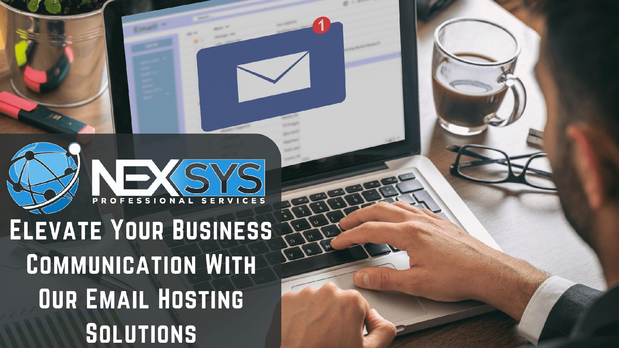 Illustration of a laptop and email server, representing secure email hosting solutions by NEXSYS Professional Services.